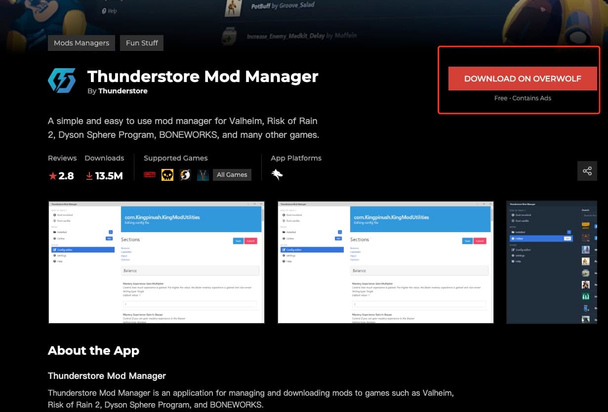Thunderstore Mod Manager interface